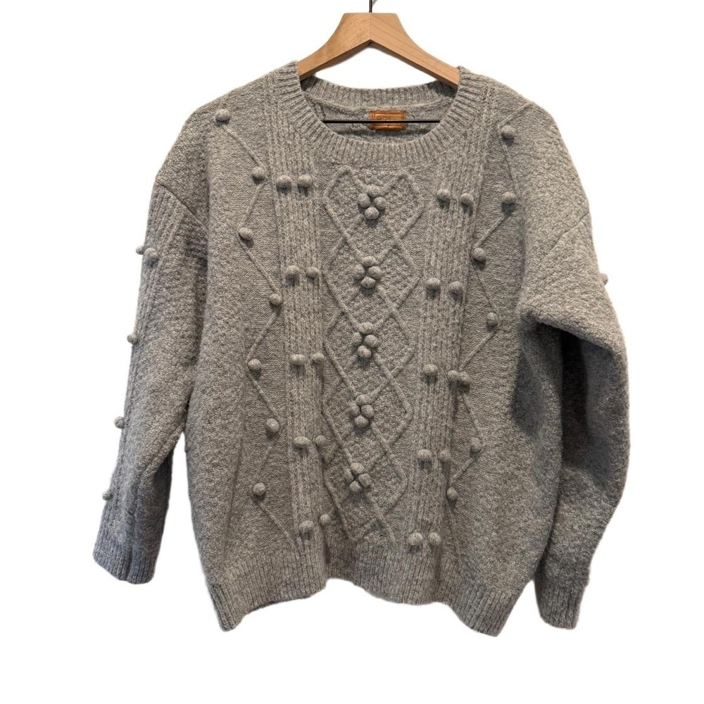 POL Womens Size S Heather Grey Cable Knit Pom Pom Ribbed Sweater EUC